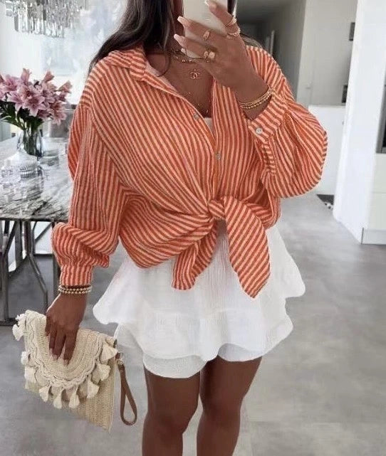 Bomullsskjorta i Oversize | ORANGE/ROSA