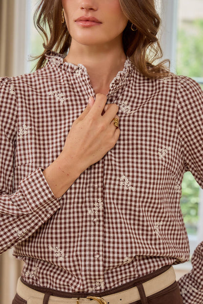 Vichy-rutig blus med blomsterbroderier | Brun